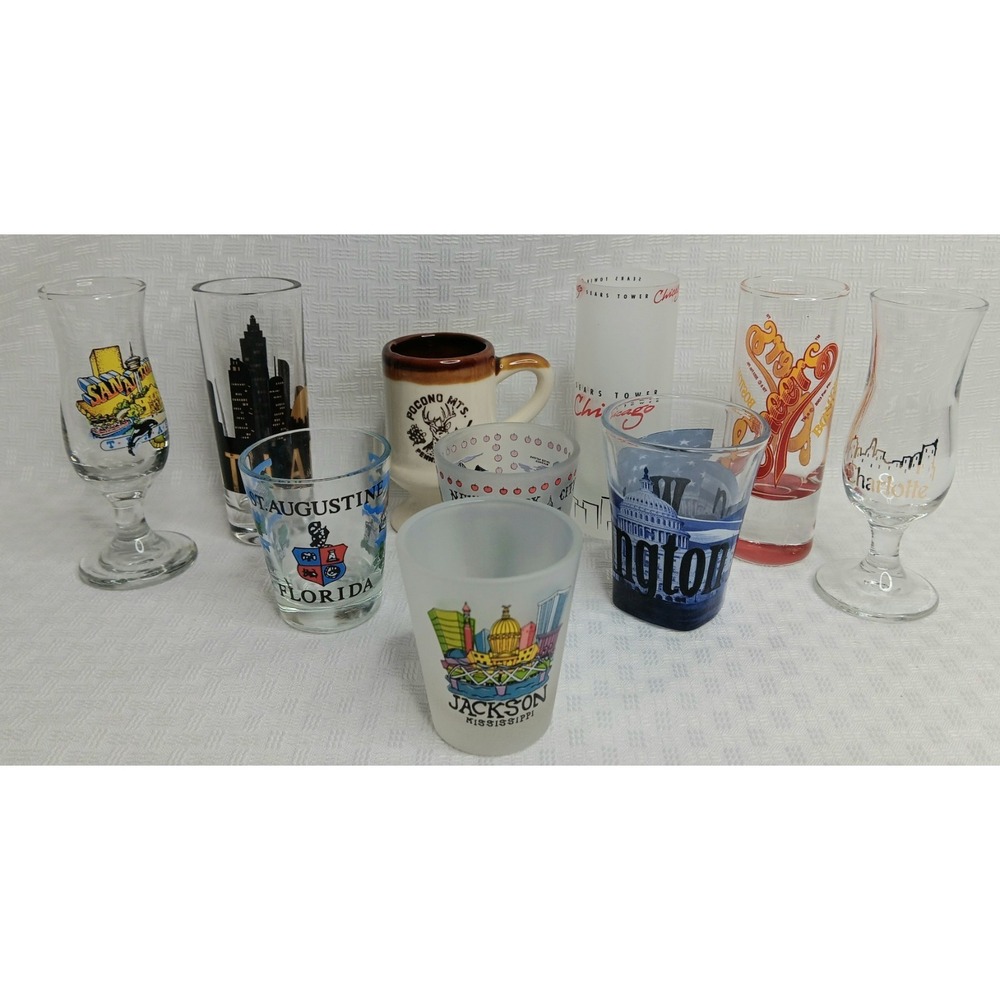 Lot 10 Souvenir Liquor Shot Glasses US Cities in GA FL IL NY MA PA MI TX DC NC